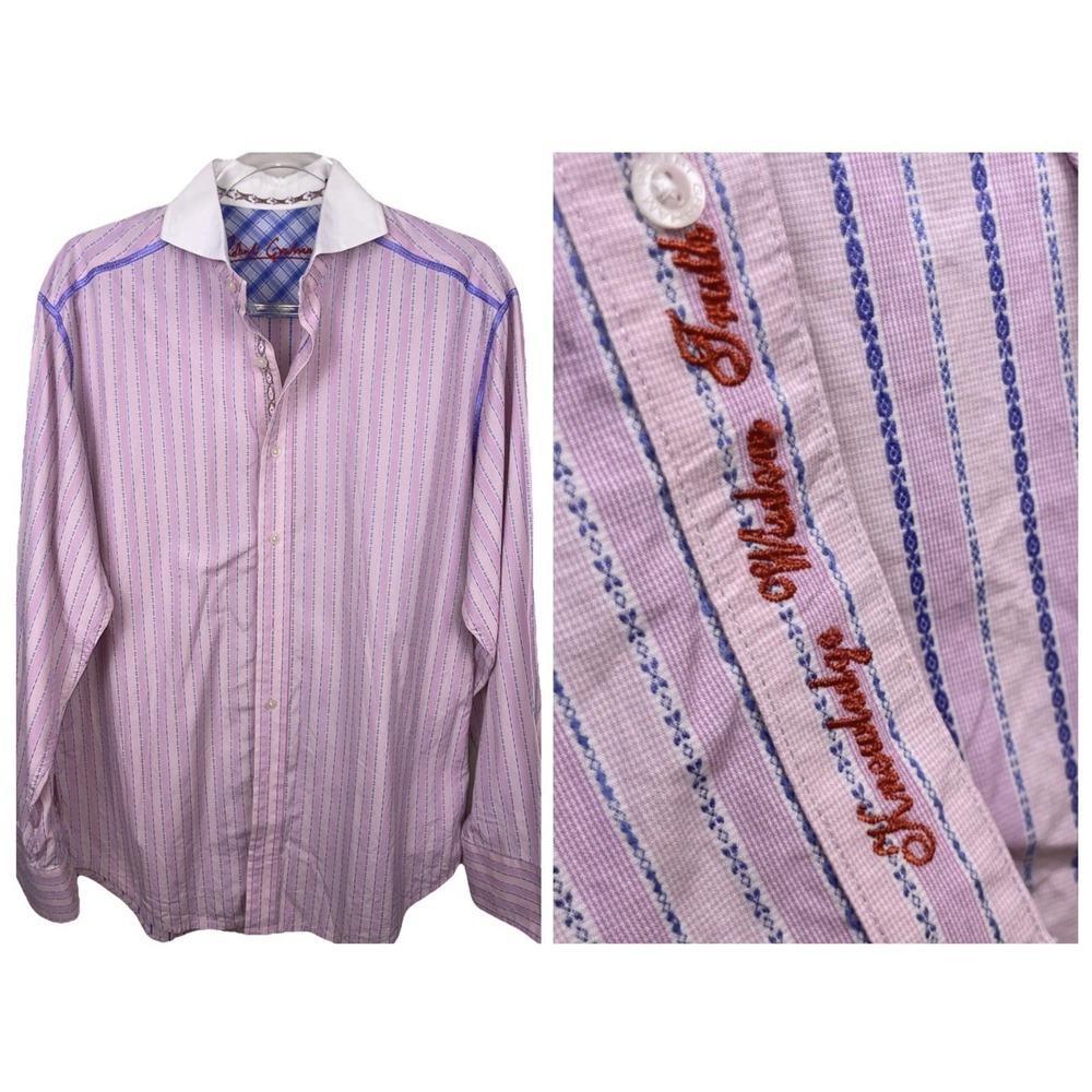 Robert Graham Men M Casual Button Down Shirt Long Sleeve Striped Multicolor Pink